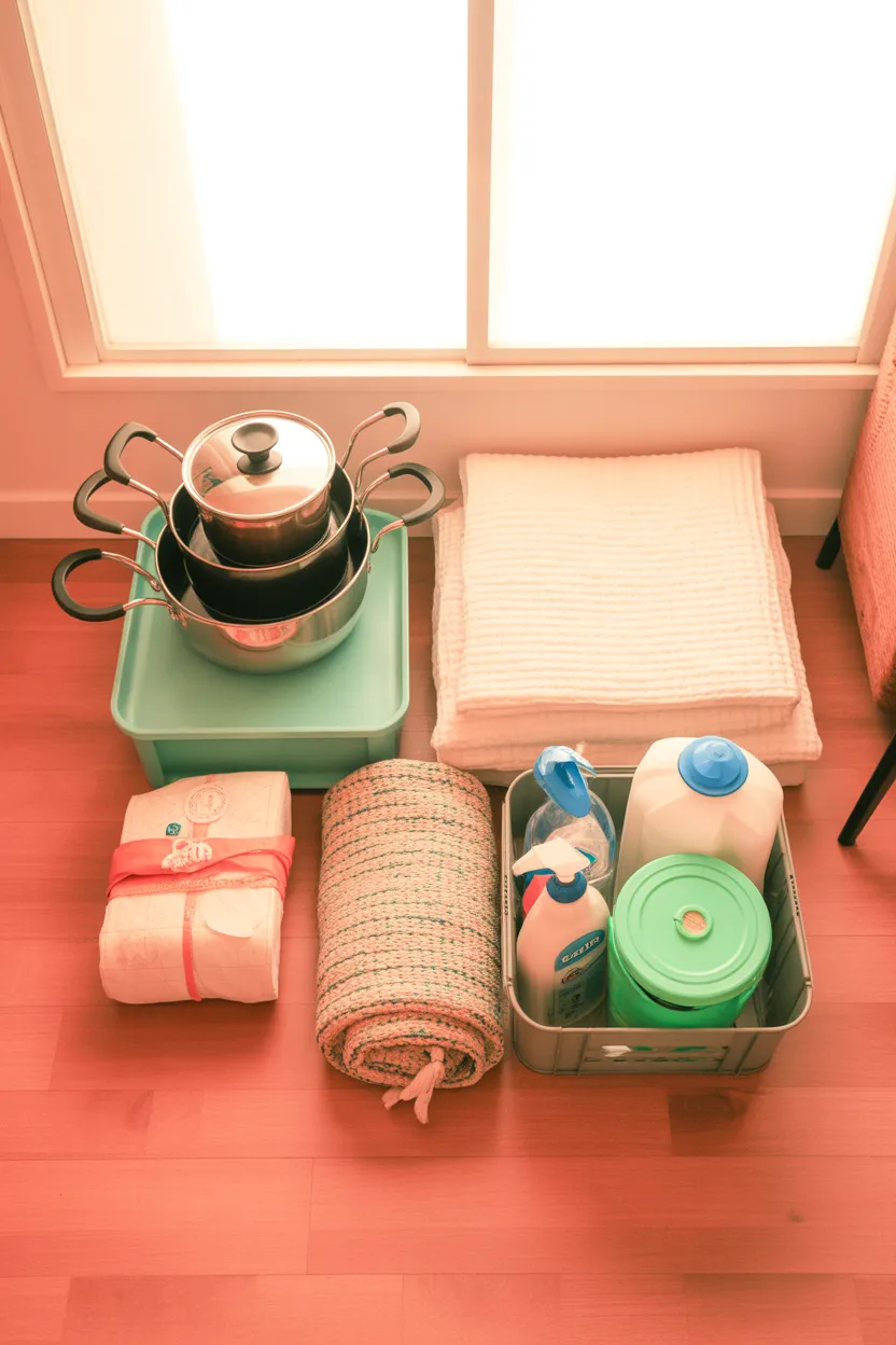 Flatlay of first apartment move-in essentials including kitchen cookware, folded bedding, a rolled rug, and cleaning supplies styled in warm terracotta and sage tones